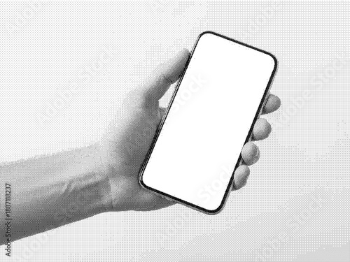 A halftone illustration of a hand holding a smartphone