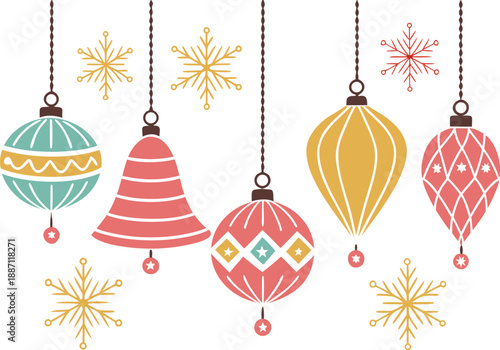 Colorful Christmas ornaments and snowflakes hanging on strings decorations