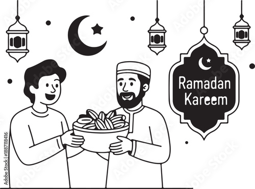 Two cheerful men share dates in a community celebration during the blessed month of Ramadan Kareem