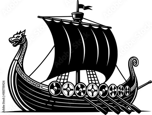 Viking ship vector black silhouette print design
