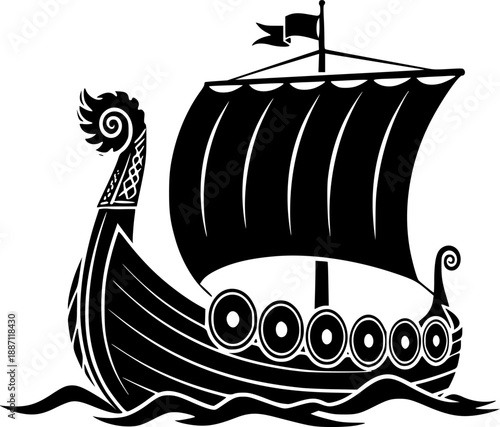 Viking ship vector black silhouette print design
