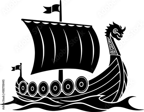 Viking ship vector black silhouette print design
