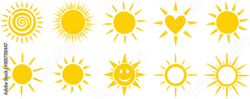 Collection of various hand-drawn yellow sun icons on a clean white background
