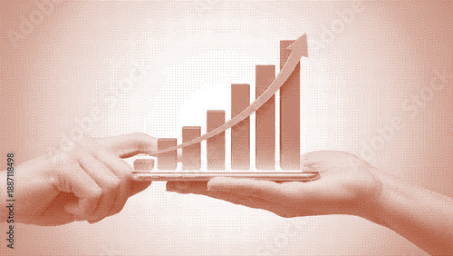 A halftone illustration of a hand holding a graph with bars indicating growth or progress in business or finance