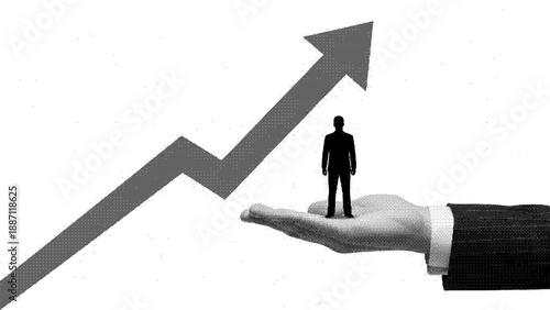 A black and white pixelated image of a man standing on a hand with an arrow pointing upwards