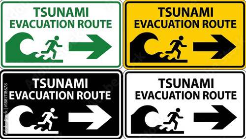 Tsunami Evacuation Route Direction Sign - Safety Flat Vector