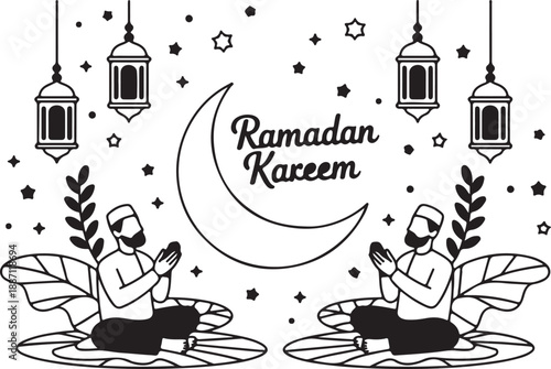 Two devout men silently pray under a crescent moon and stars during the holy month of Ramadan