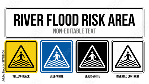 River Flood Risk Area Warning Sign - Hydrological Disaster Vector