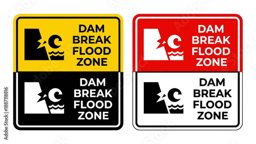 Dam Break Flood Zone Warning Sign - Hydrological Safety Vector