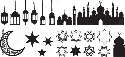 A beautiful collection of black silhouette Islamic lanterns mosques and various celestial star shapes