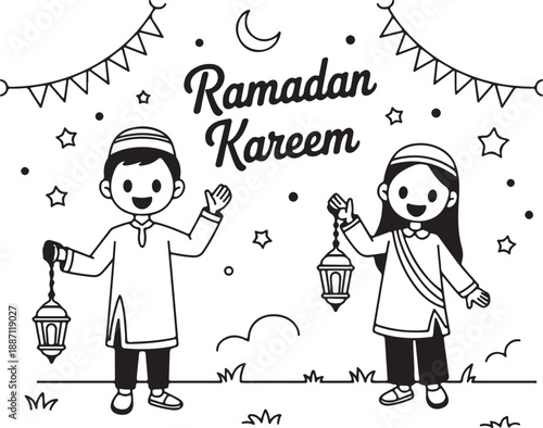 A delightful black and white illustration shows children celebrating Ramadan Kareem with lanterns and festive decorations