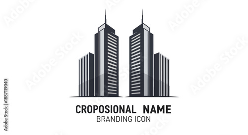Architectural Design Icon Features Two Metallic Buildings Against the White Background