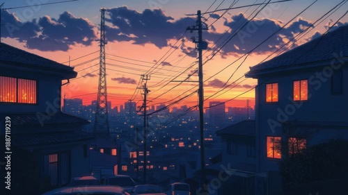 Video Panoramic cityscape at sunset viewed from a hill, perfect for urban planning or travel themes