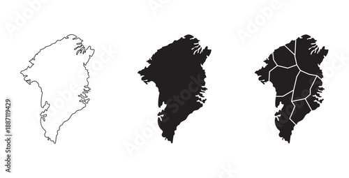 Greenland Administrative Maps Silhouette | Conceptual Map of Greenland Shattered by Global Superpower Conflict | Black Silhouette Map of Greenland Island Isolated on White | Minimalist Greenland Map 