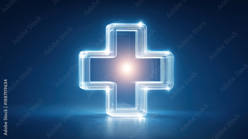 Obraz premium Glowing Neon Cross Symbol on Blue Background for Medical Design