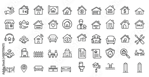 Real estate line icon set, house for sale, mortgage loan property, home insurance protection, agent handshake, construction blueprint, and more vector illustration with editable stroke.