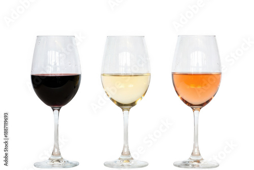 Three wine glasses filled with red, white, and rosé wine isolated on transparent background
