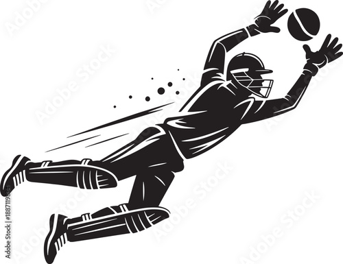 A cricket wicket keeper dives to catch a ball during a match