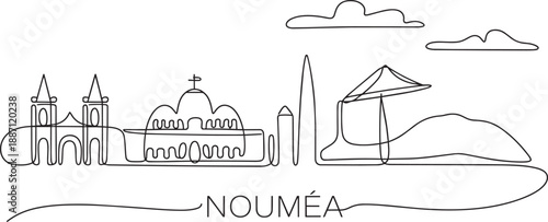 Noumea skyline one line art with clouds and cathedral architectural elements in new caledonia