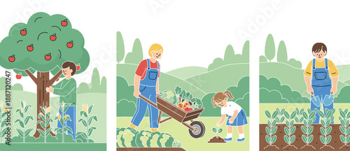 Family gardening and farming illustration set showing planting, harvesting vegetables, fruit picking, and sustainable outdoor agriculture activities in flat vector style