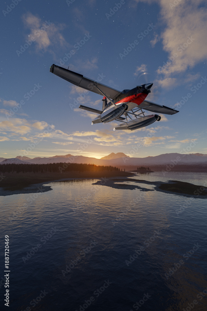 custom made wallpaper toronto digitalSeaplane Soaring Over Sunset Lake Amid Snowy Mountains In 3D Rendering
