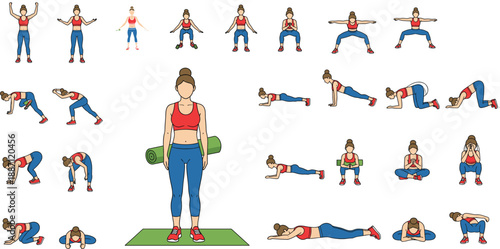 Home workout exercise routine illustration set showing female fitness training, warm-up, stretching, strength movements, and floor exercises in flat vector style