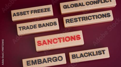 4K 3D Video Animation: Sanctions Wooden Blocks with Asset Freeze, Embargo, Blacklist and Global Conflict Terms, Geopolitical and Economic Policy Concept on Dark Red Background