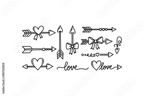 Hand Drawn Love Arrows and Heart Elements in Black and White Style
