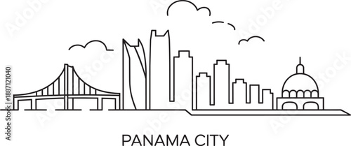 Panama city vector outline cityscape, famous buildings travel and tourism background