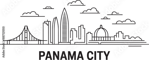 Panama city vector outline cityscape, famous buildings and travel tourism skyline background