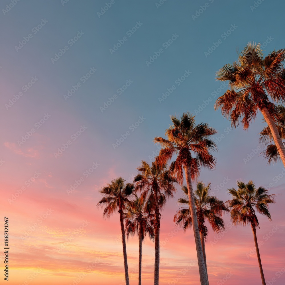 Obraz premium Serene palm trees at sunset with colorful sky