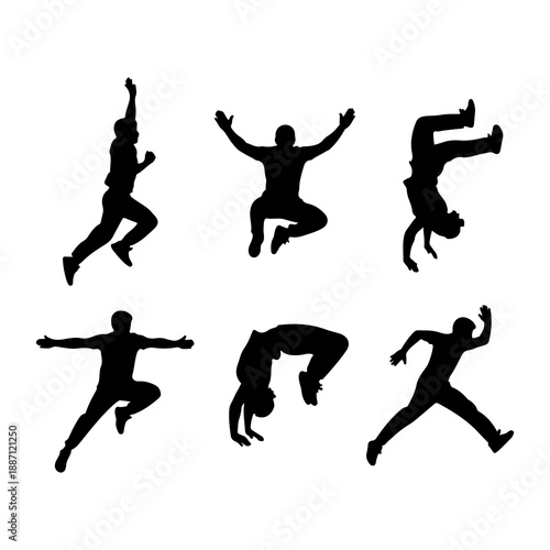 Dynamic athletic silhouettes set jumping and flipping poses