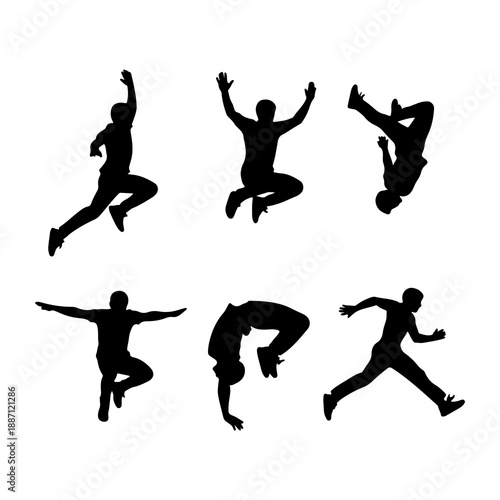 Dynamic silhouettes: a collection of active male figures in various jumping, running, and acrobatic poses