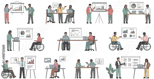 Inclusive business presentation and teamwork illustration set showing data analysis, meetings, collaboration, and accessible workplace participation in flat vector style