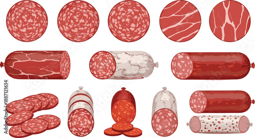 Sausage and salami meat illustration set featuring sliced and whole processed meats, charcuterie products, and deli food items in flat vector style