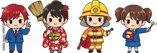 Cute kids in career costumes. Business boy, traditional girl, firefighter and student characters. Childhood dream jobs concept. Flat cartoon vector illustration.