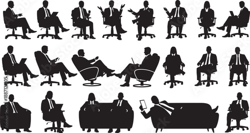 Black Business Professional Silhouettes Set of People Sitting in Office Chairs and Sofas for Corporate 