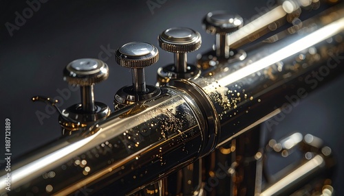 Detailed macro shot of a golden brass trumpet's valves and body, with elegant reflections and beautiful bokeh on a dark, moody background. Concept of jazz, classical music, and orchestral performance.