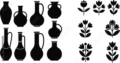 Vase and Flower Silhouette Collection Featuring Nine Unique Vessel Shapes and Nine Stylized Floral Designs for Decorative Art Use