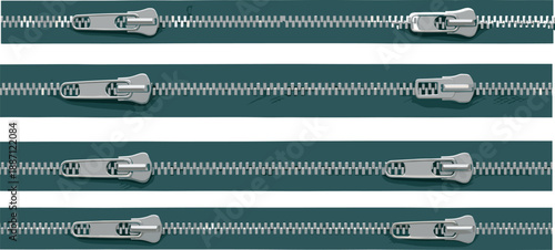 Metal Zipper Set with Silver Sliders Isolated on Dark Background for Fashion Design, Tailoring Accessories, Garment Construction, and Realistic Clothing Fastener Vector Illustration