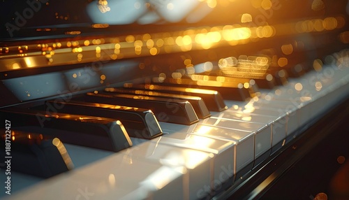 Wallpaper Mural Close-up of elegant piano keys bathed in warm golden sunset light, with beautiful bokeh in the background. Concept of classical music, performance, concert, and artistic expression. Serene. Torontodigital.ca