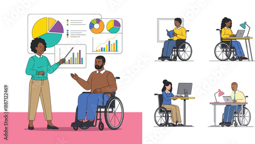 Inclusive workplace and business analytics illustration showing wheelchair users collaborating, presenting data charts, and working productively in modern flat vector style