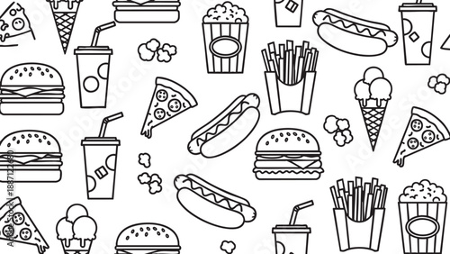 Collection of fast food items and drinks hand drawn illustration set