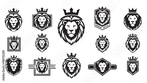 Collection of royal lion head emblems and crests in various designs