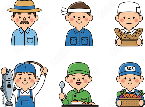 Cute worker character set. Farmer, baker, fisherman, chef and grocer professions. Smiling service people icons. Flat cartoon vector illustration.