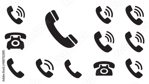 Collection of telephone receiver icons with communication symbols