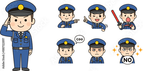 Police officer character set. Different facial expressions and action poses. Law enforcement gestures and emotions. Cute flat vector illustration.