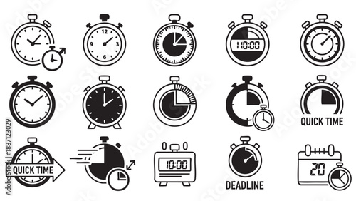 Collection of various clock and time related icons in different styles