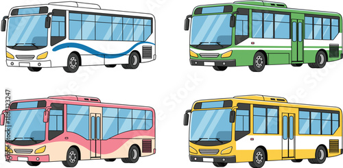 City bus collection set. Colorful public transport vehicles in modern design. Urban travel and transit concept. Flat cartoon vector illustration.