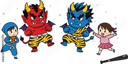 Cute Japanese Setsubun festival characters. Kids throwing beans at red and blue oni demons. Traditional cultural celebration scene. Flat cartoon vector illustration.
